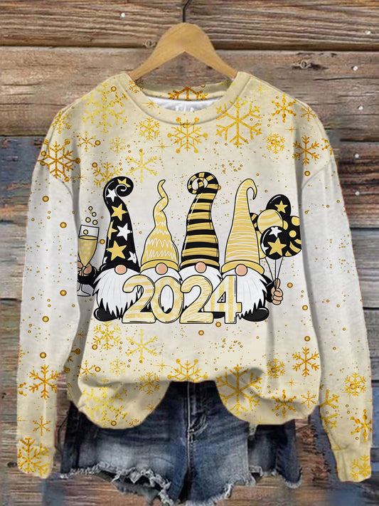 Women's New Year 2024 Gnomes Print Round Neck Long Sleeve Top