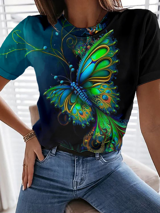 Butterfly Peacock Print Short Sleeve Top