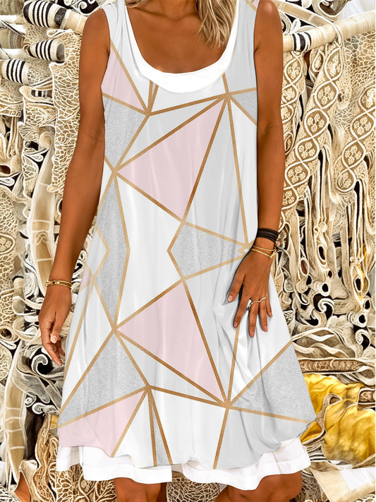 Pink Grey Geometric Ladies Splicing Dress