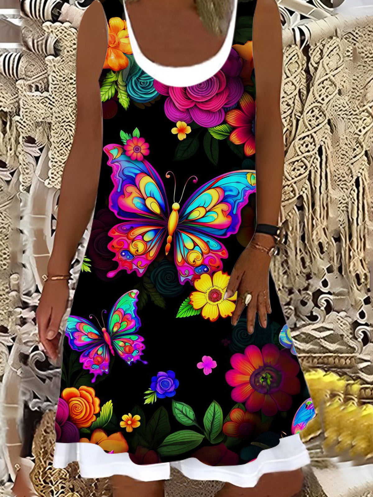 Rainbow Flower Butterflies Print Ladies False Two Dress