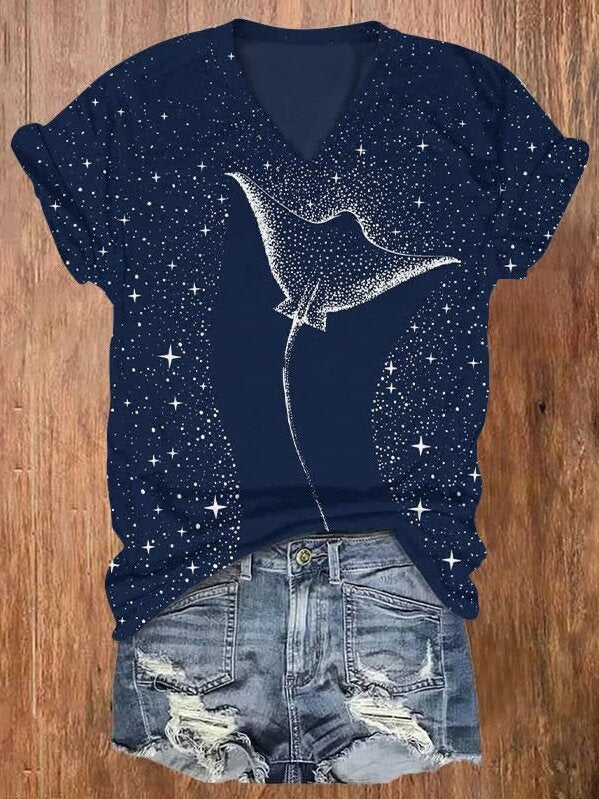 Starry Spotted Eagle-rays V-Neck Short Sleeve T-Shirt