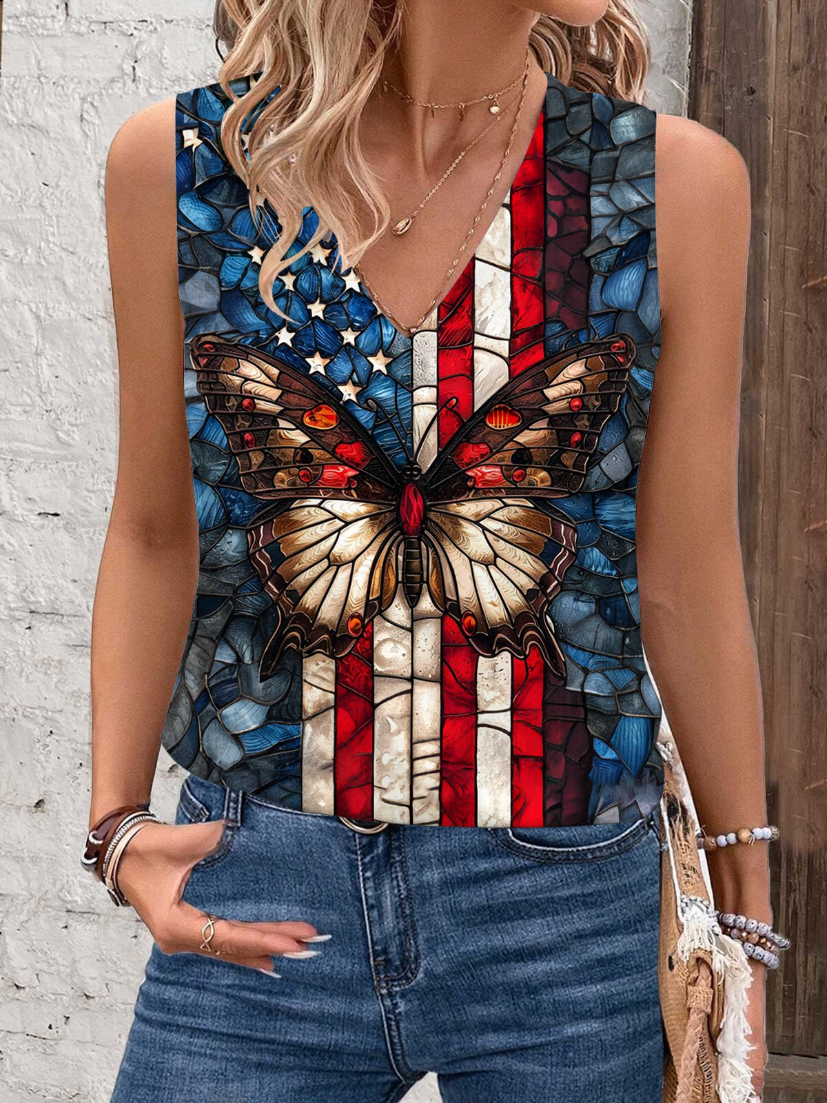 American Flag Butterfly Stained Glass Printing V-Neck Tank Top