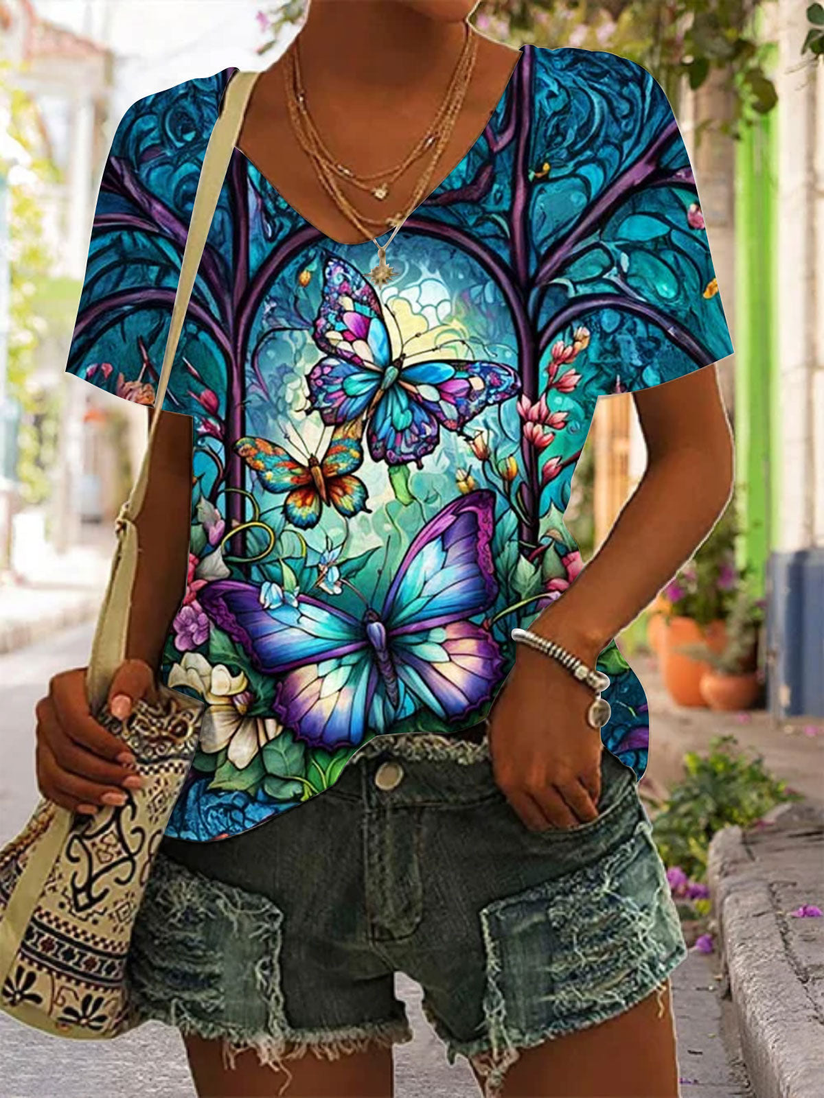 Women's Butterfly Print V-Neck Short Sleeve Top