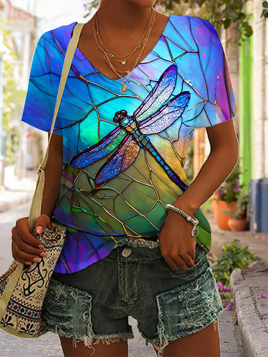 Women's Dragonfly Print V-Neck Short Sleeve Top
