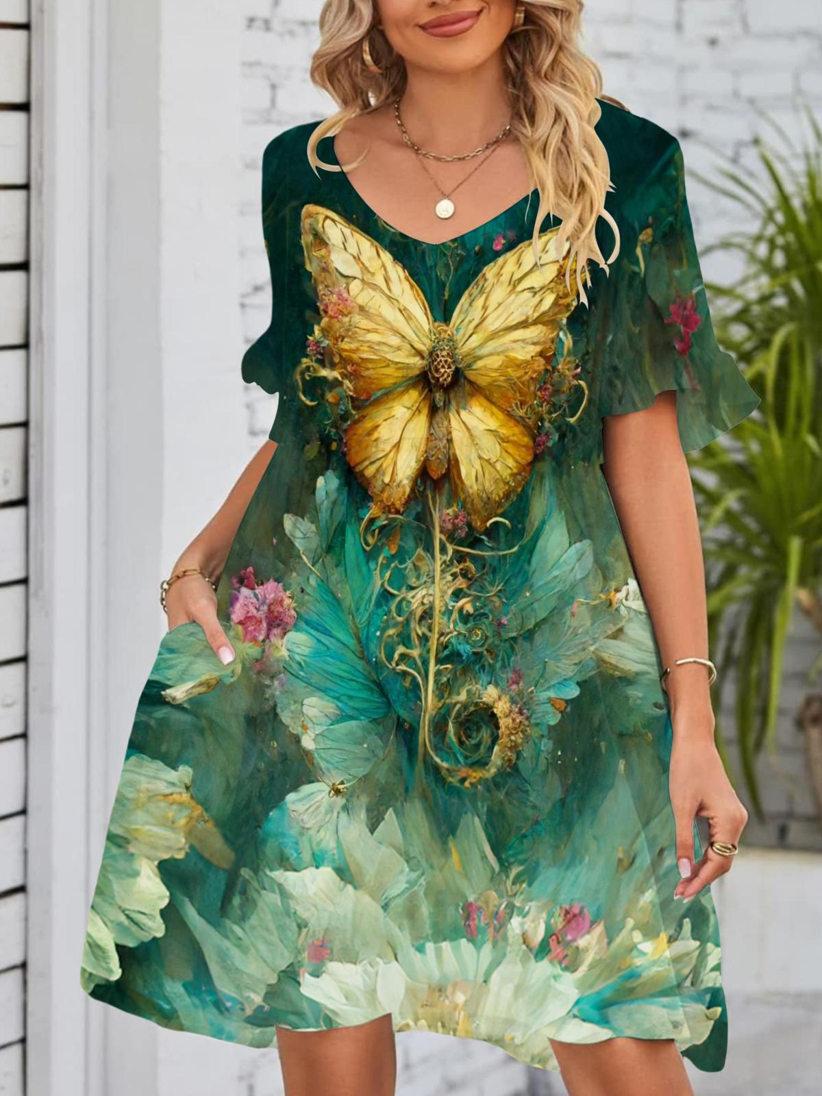 Green Floral Butterfly V Neck Short Sleeve Pockets Dress