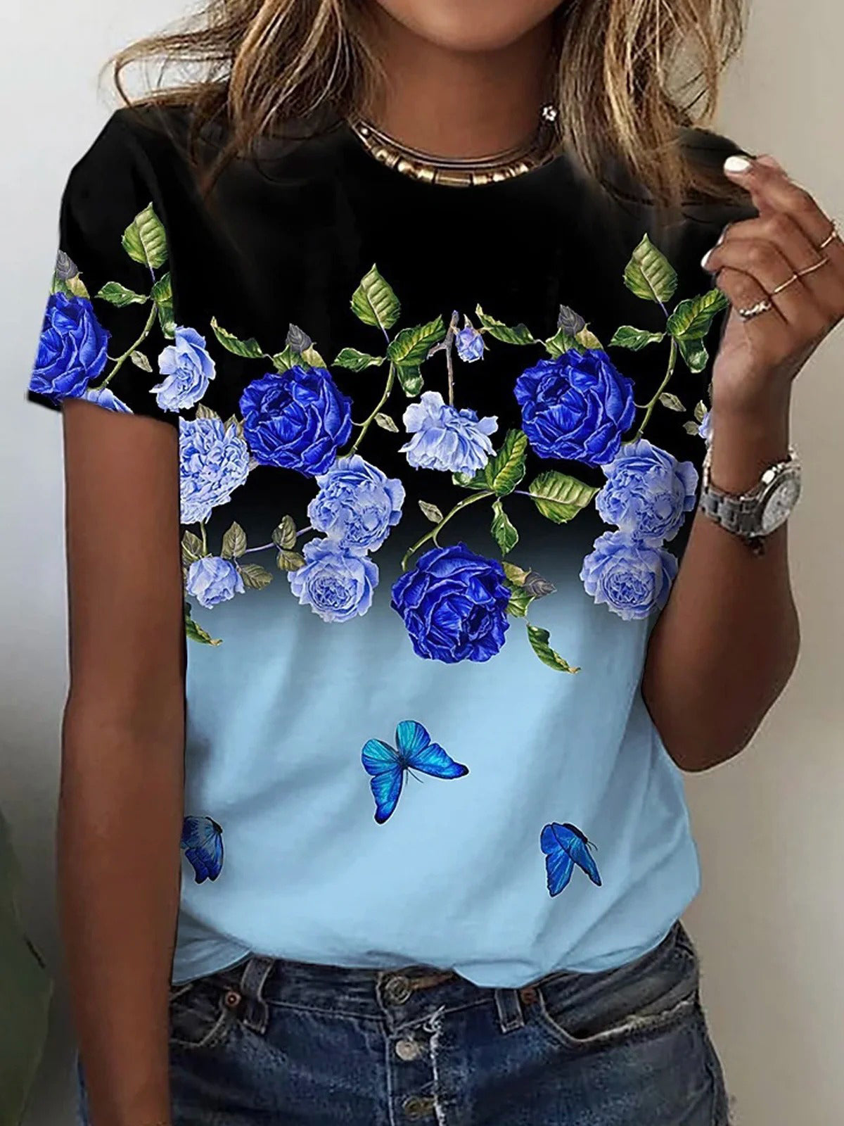 Butterfly Flower Crew Neck T-shirt