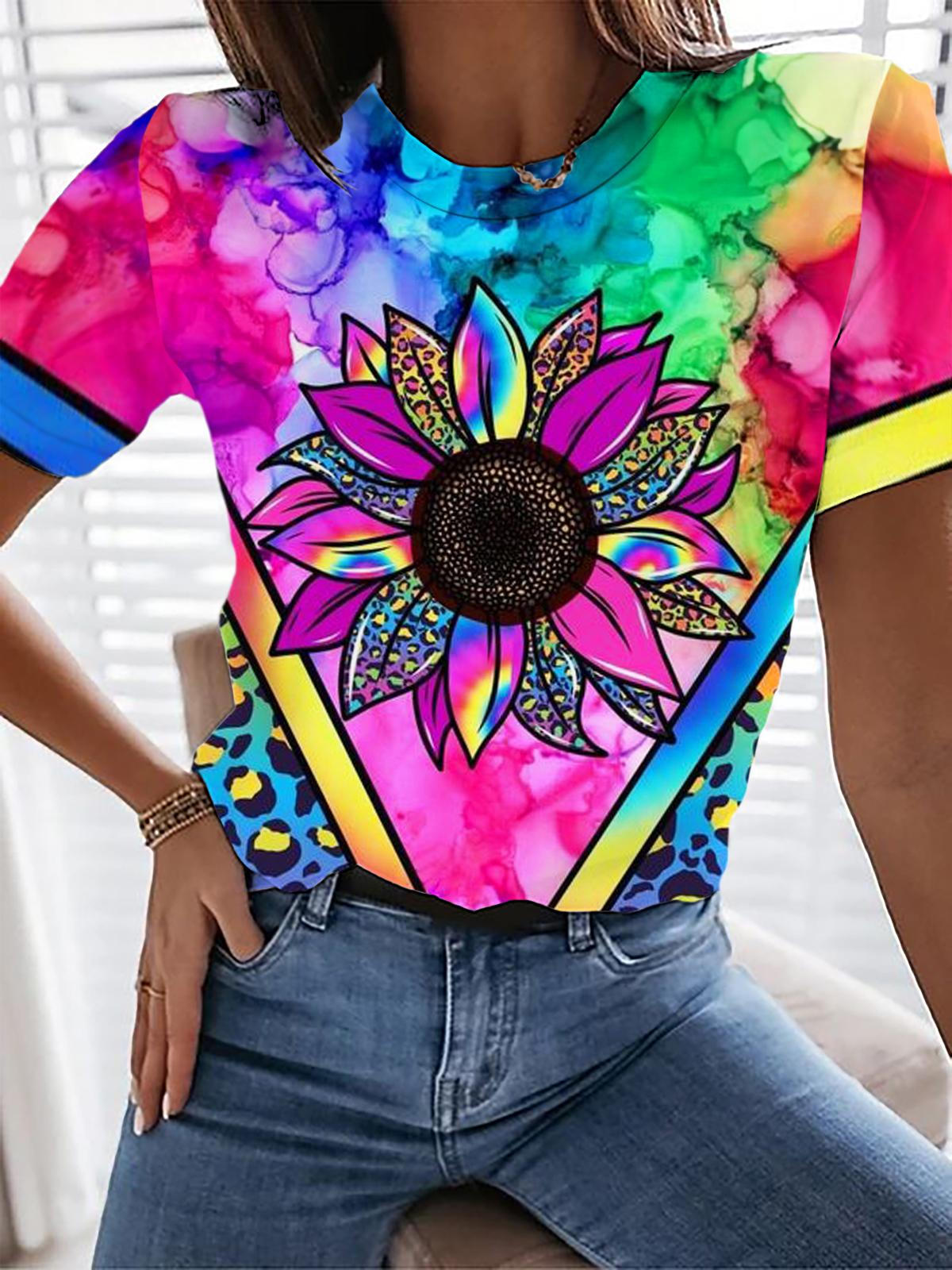 Rainbow Leopard Sunflower Crew Neck T-shirt