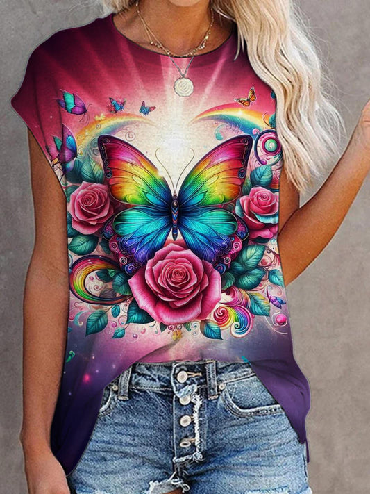 Colorful Butterfly Print Round Neck T-Shirt