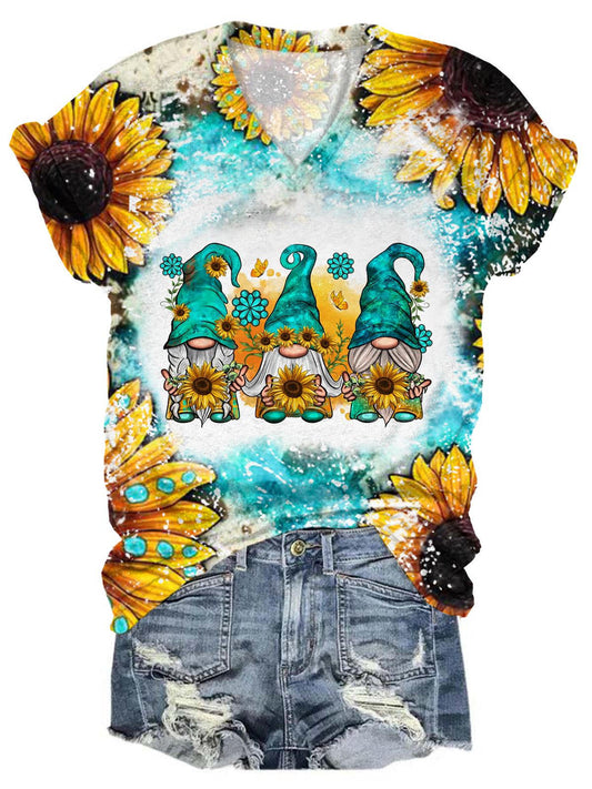 Turquoise Sunflower Gnome Tie Dye V-Neck T-Shirt