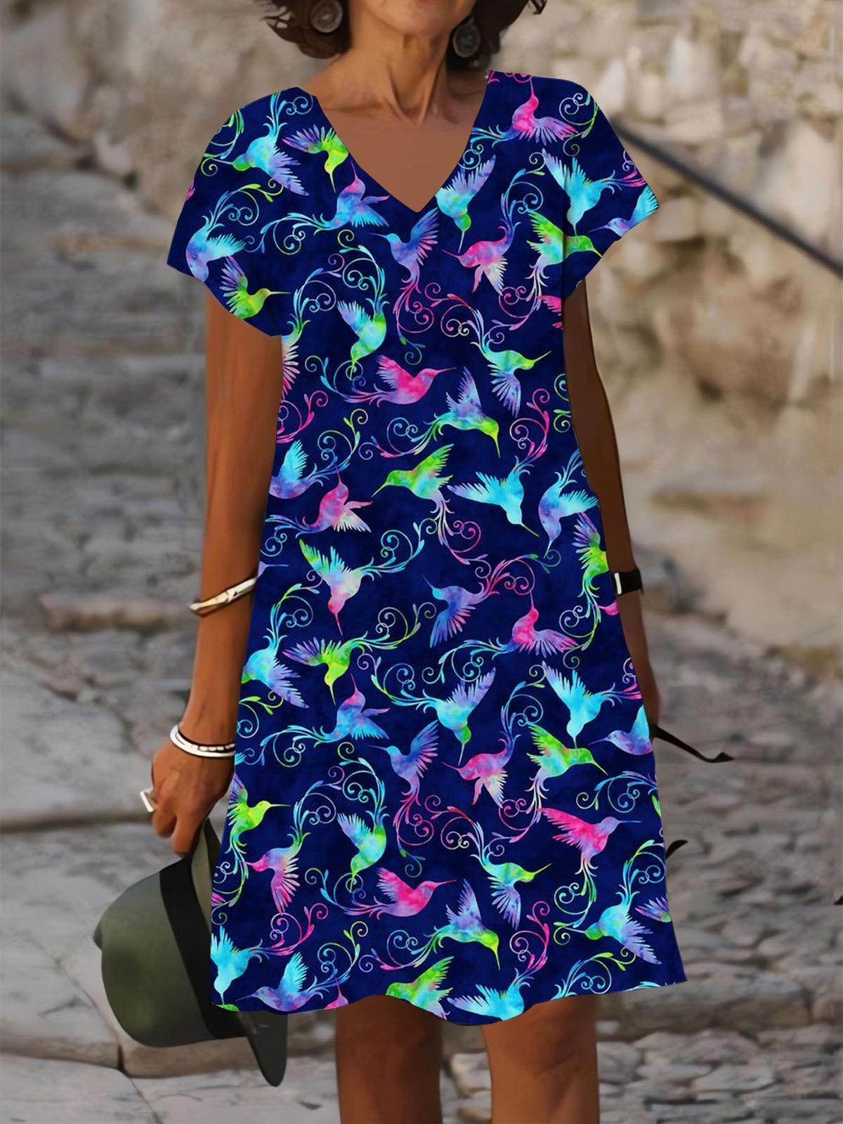 Hummingbird V Neck Short Sleeve Dress