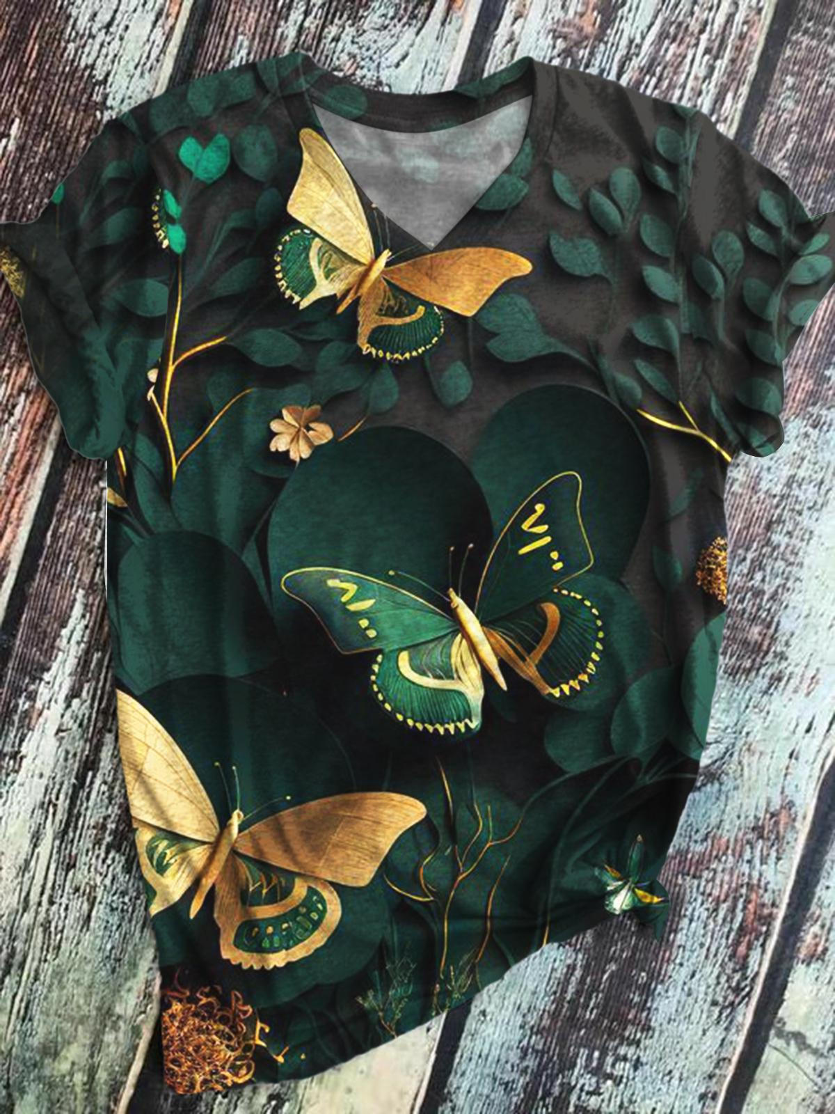 3D Butterfly Print V-Neck Short Sleeve Top