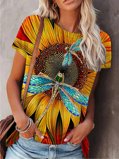 Sunflower Dragonfly Print Crew Neck T-shirt