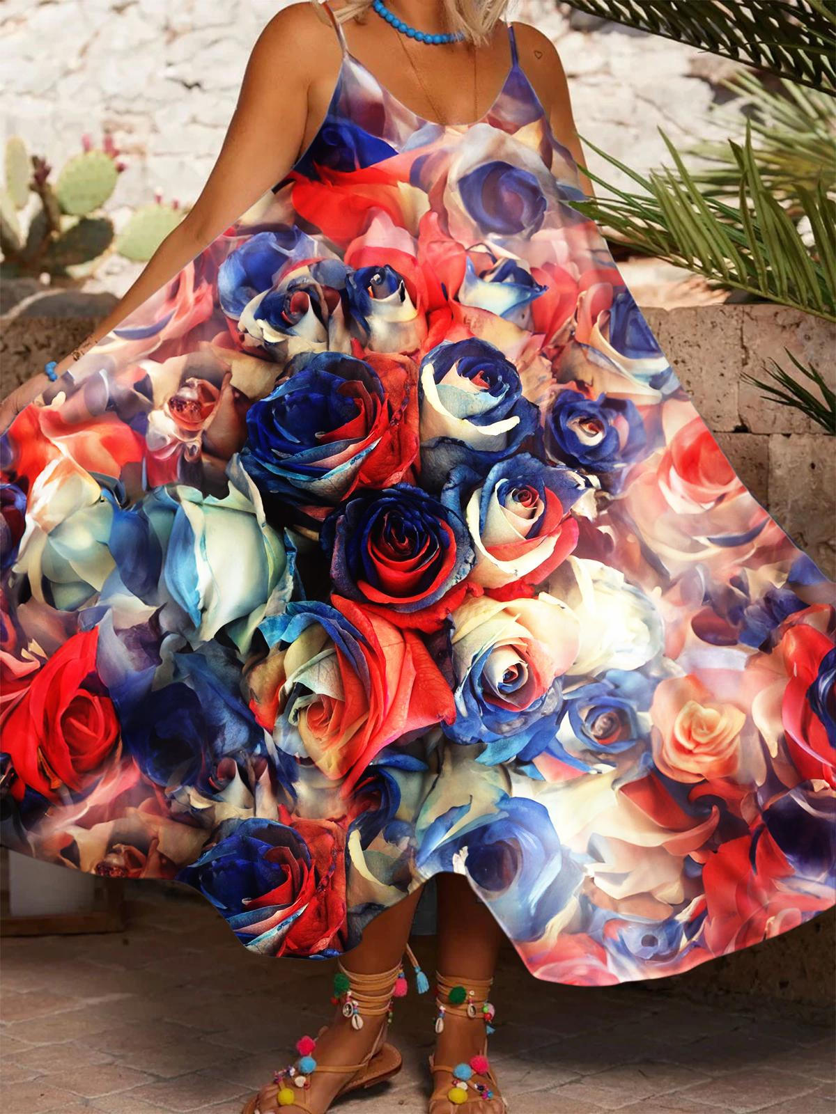 Red and Blue Rose Print Casual Holiday Dress