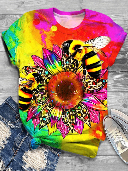 Women's Sunflower Bee Tie Dye Print Top