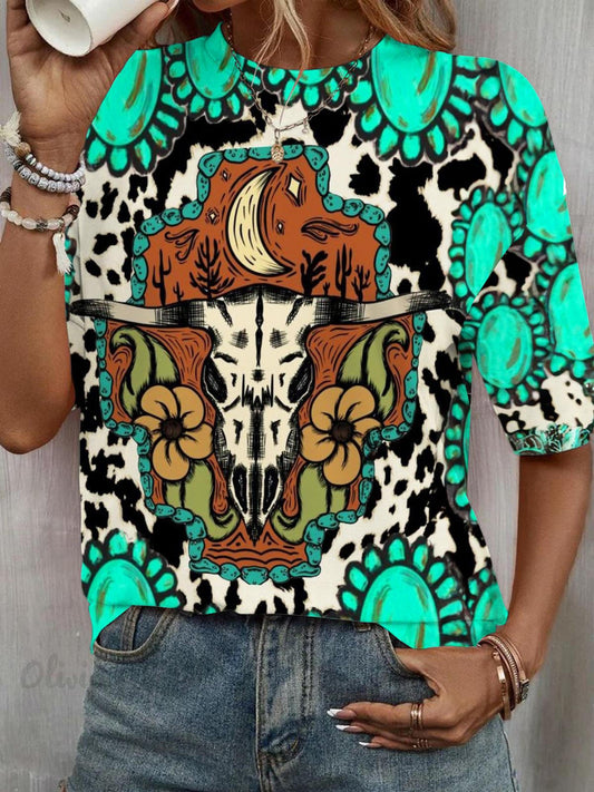 Turquoise Western Cow Skull Crew Neck T-shirt