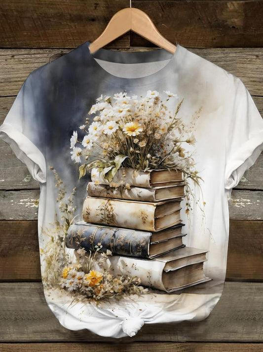 Vintage Floral Books Crew Neck T-shirt