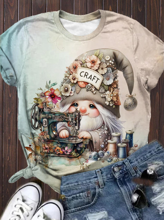 Women's Sewing Machine Gnome Print Casual Top