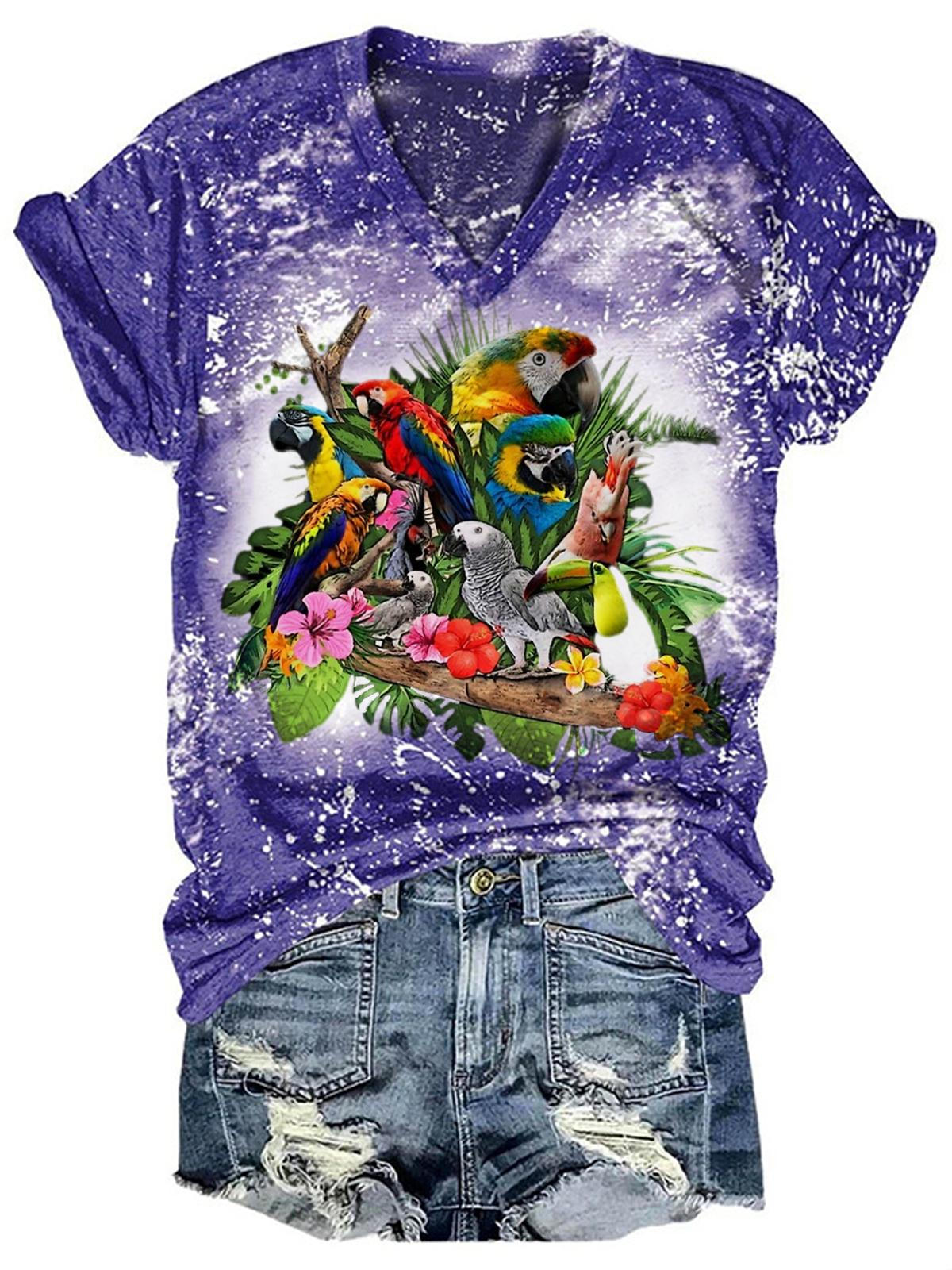 Parrot Flower V-Neck Short Sleeve T-Shirt