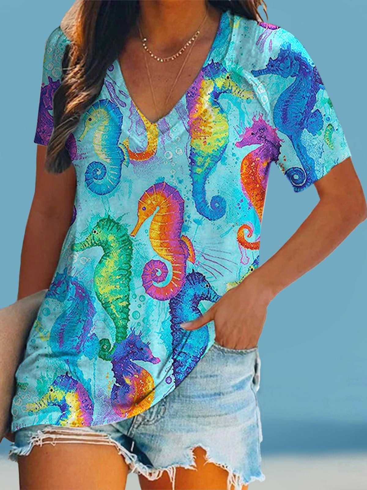 Tie Dye Seahorse Print Short Sleeve V Neck T-Shirt