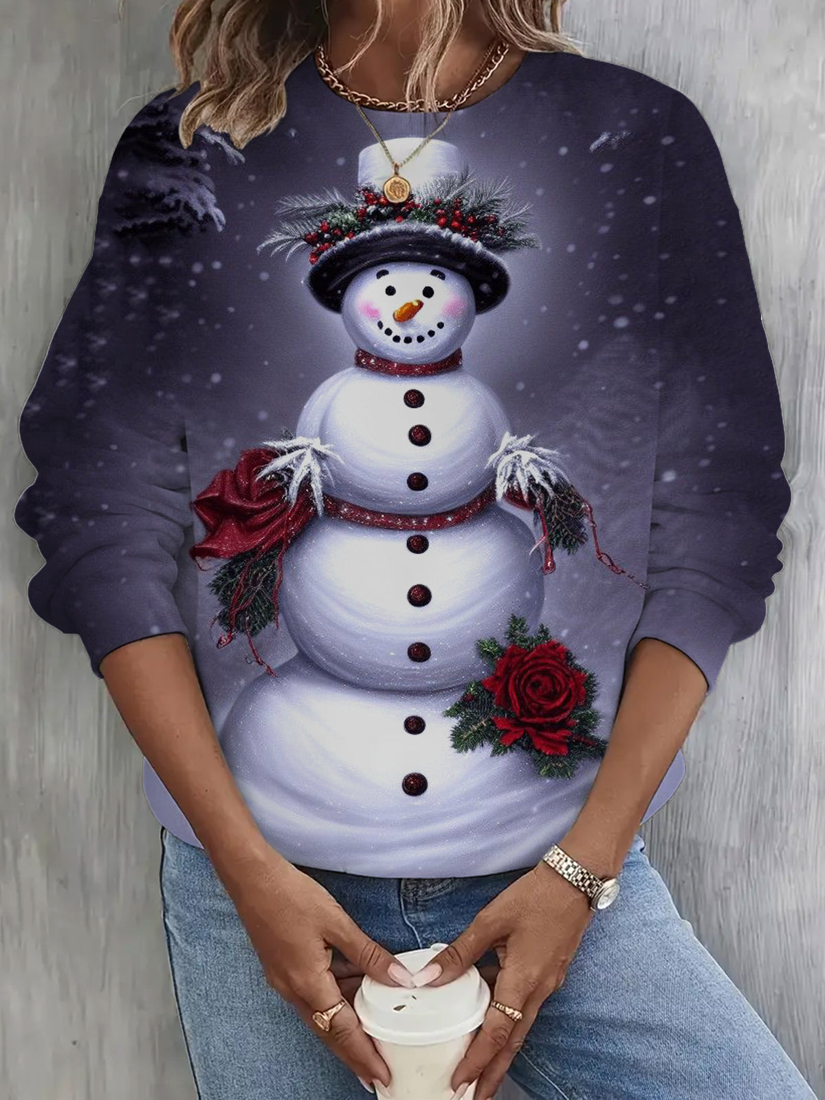 Snowman Print Long Sleeve Casual Top