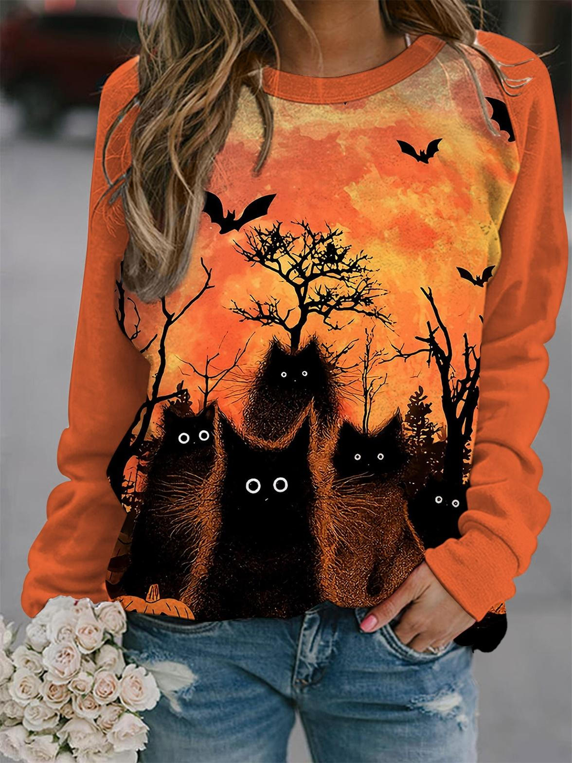 Halloween Black Cat Print Round Neck Long Sleeve Top