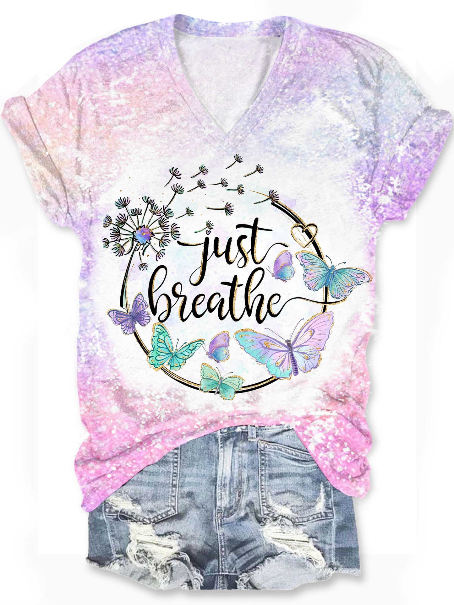 Just Breathe Dandelion Print V Neck T-Shirt