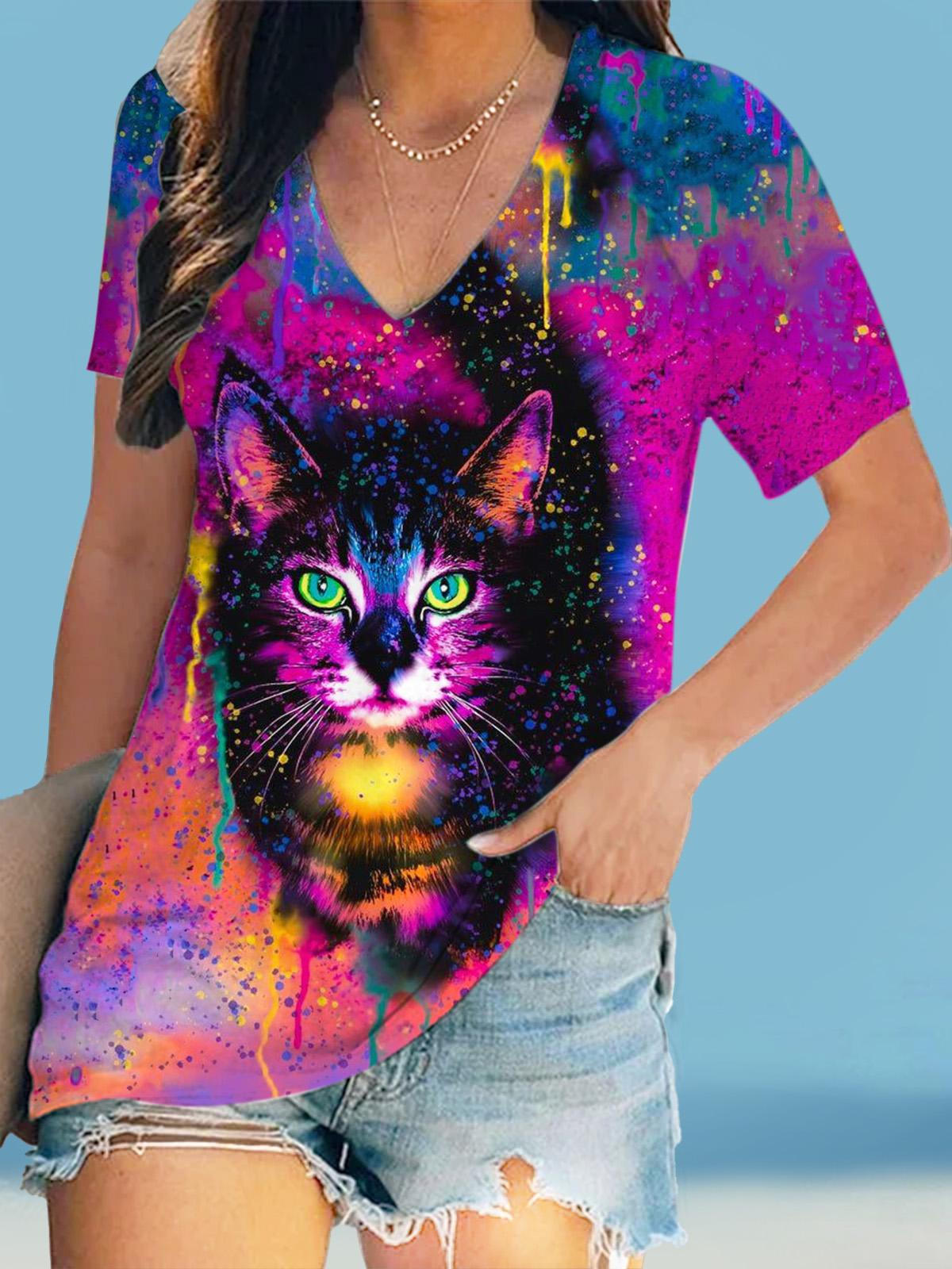 Colorful Cat Print V Neck Short-Sleeved T-Shirt