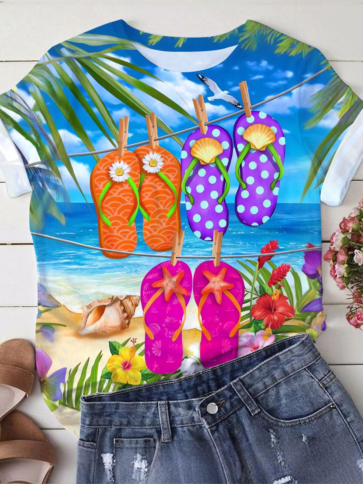 Summer Beach Flip Flops Print Crew Neck T-shirt