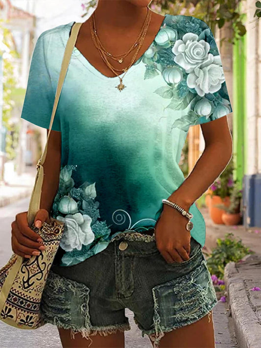 Gradient Floral Print V Neck T-Shirt