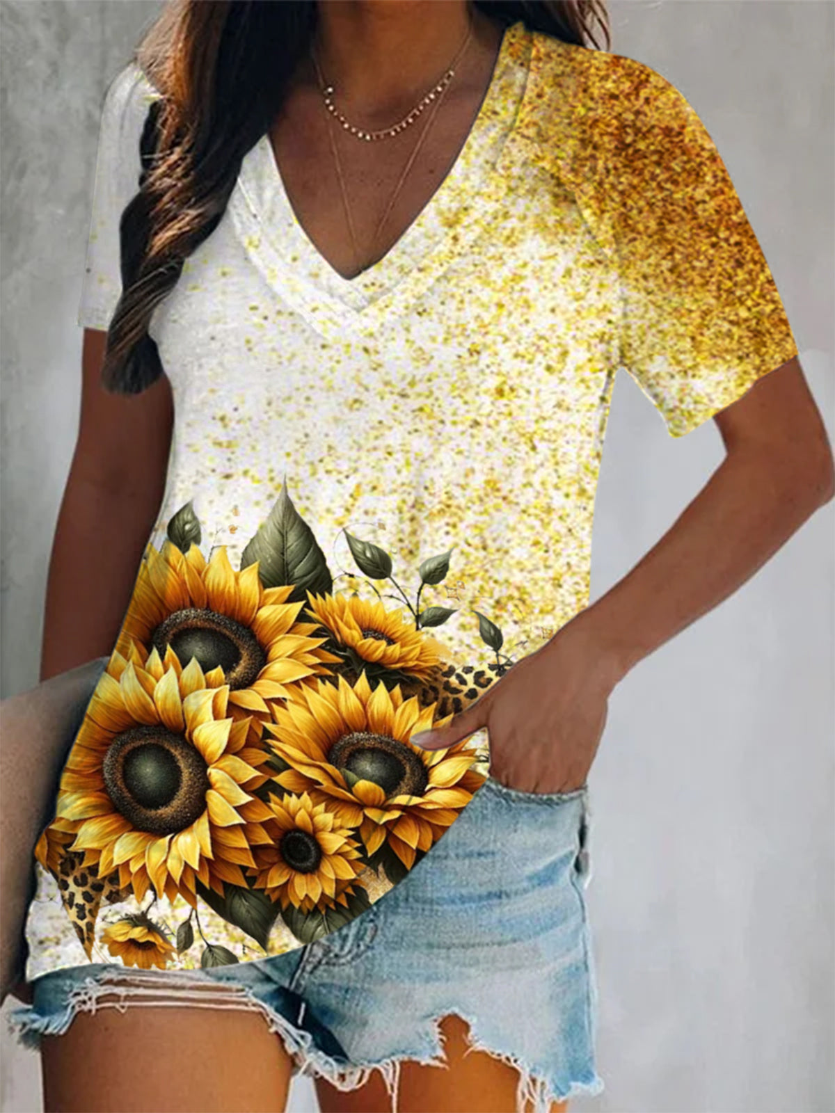 Leopard Sunflower V-Neck T-Shirt