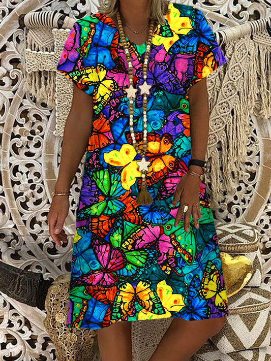 Women's Colorful Butterfly Print V-Neck Dress