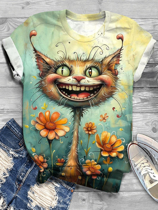 Funny Cat Print Crew Neck T-shirt