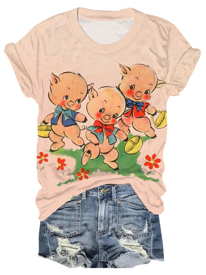 Three Little Pigs Retro Print Crew Neck T-Shirt