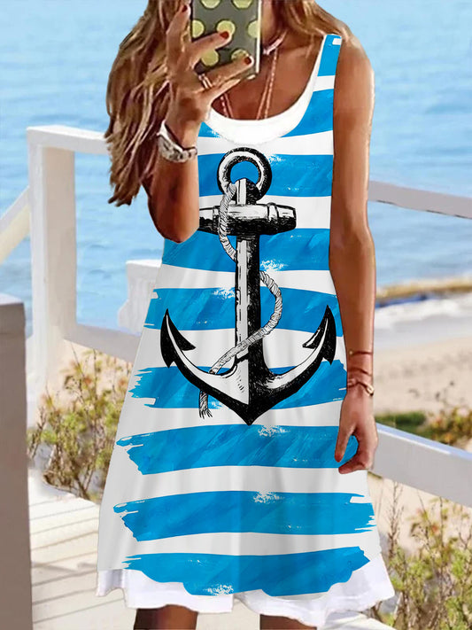 Ladies Anchor Print False Two Dress