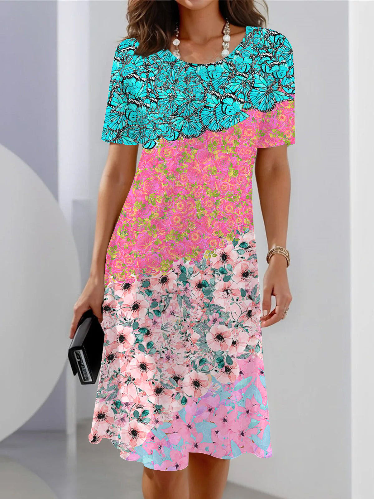 Floral And Butterfly Print Short Sleeve Crew Neck Dress