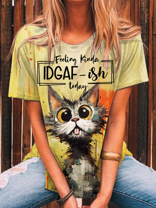 Funny Cat Print Crew Neck T-shirt