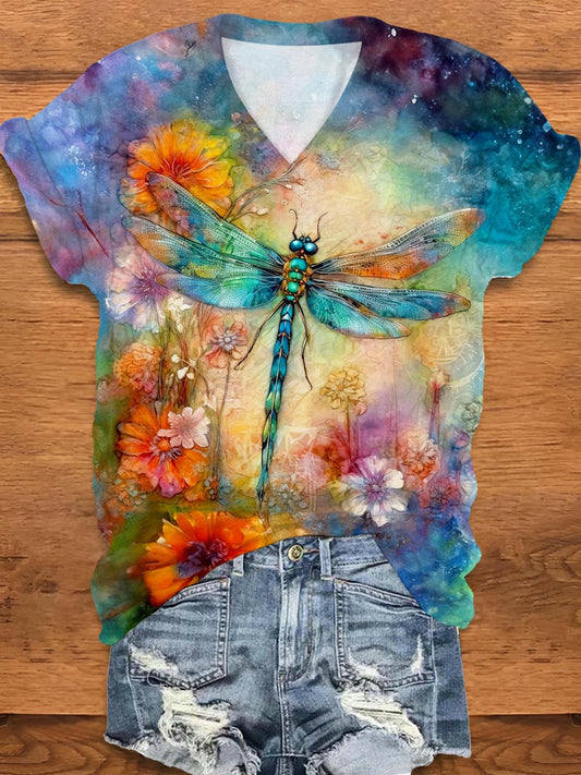 Sunflower Dragonfly V-Neck Printed T-Shirt