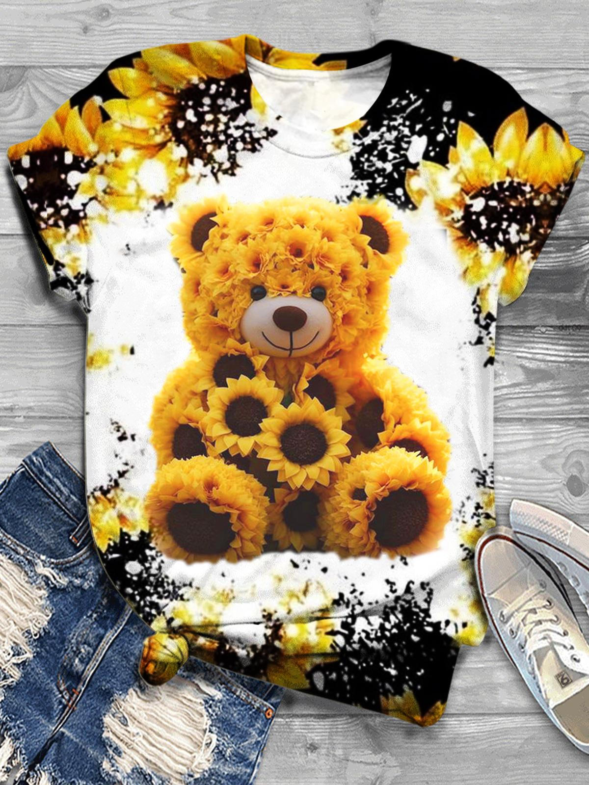 Women's Sunflower Teddy Bear Print Crew Neck Top