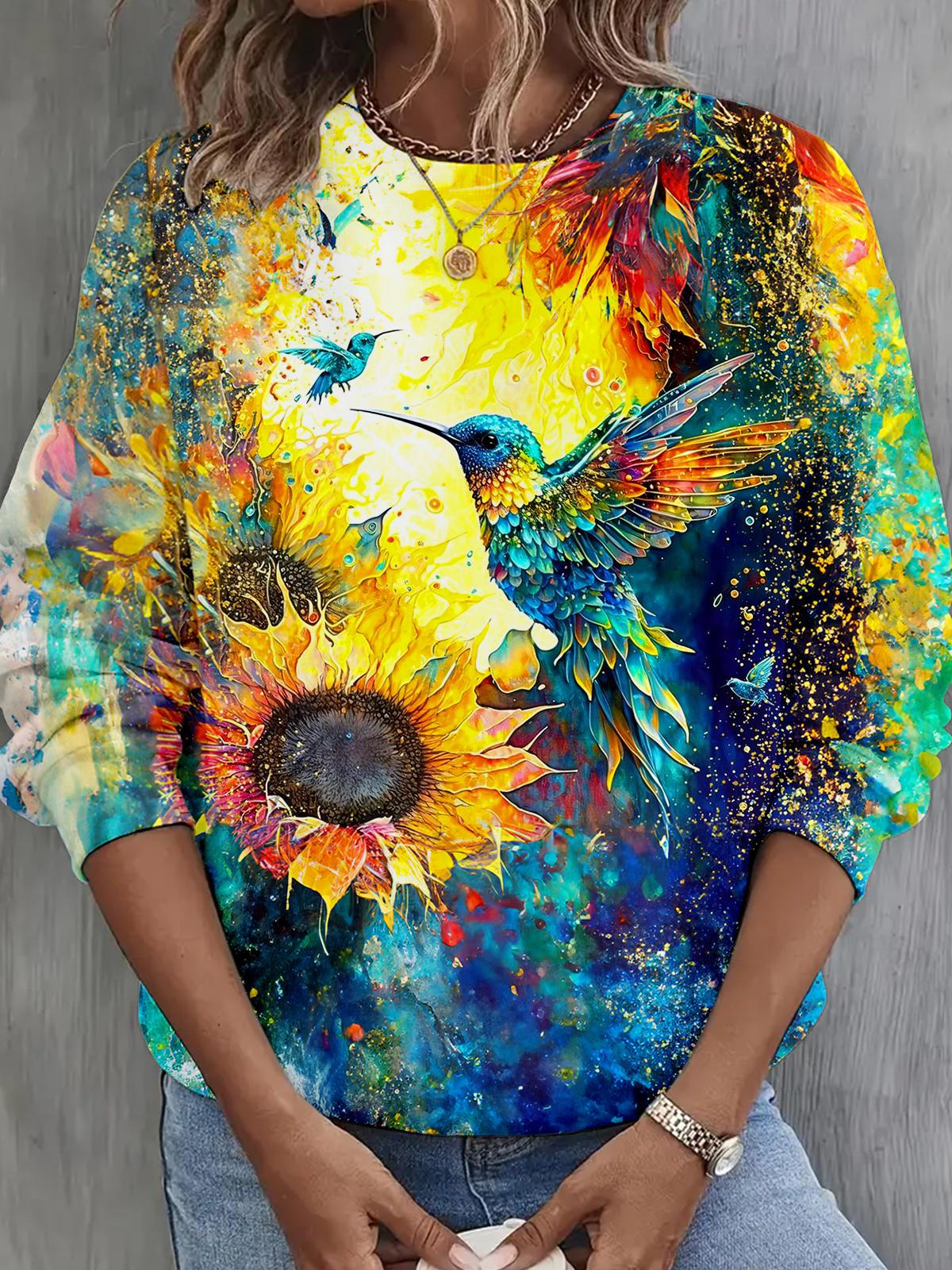 Sunflower Rainbow Hummingbird Long Sleeve Casual Top