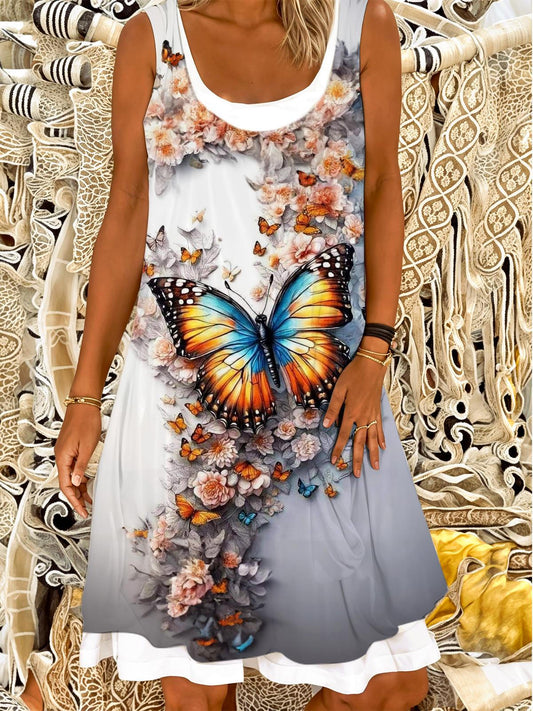 Buttefly Flower Ladies False Two Dress