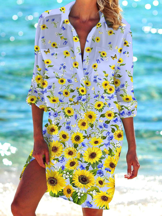 Sunflower Print Long Sleeve Beach Shirt Dress