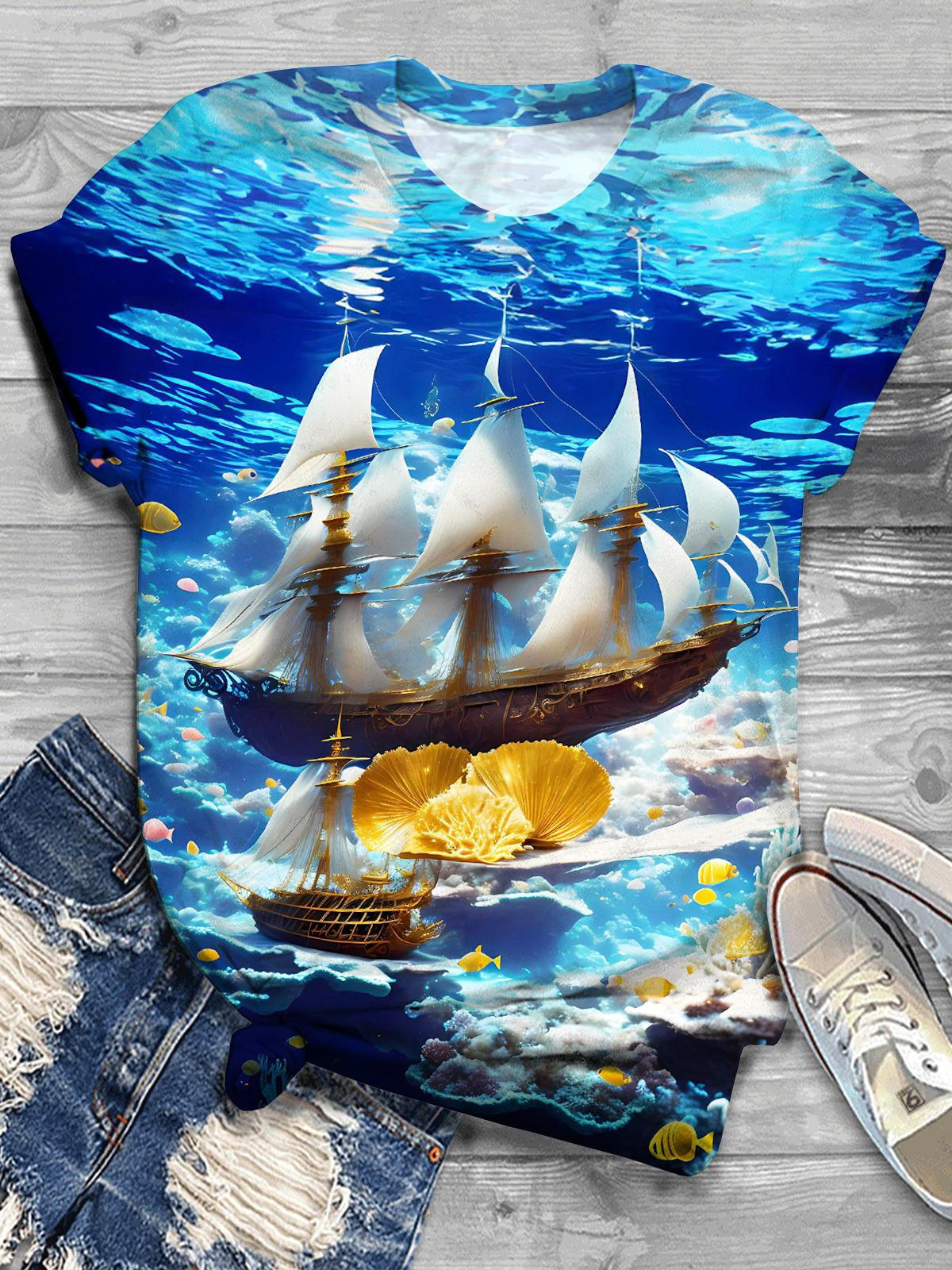 Nautical Sailing Ship Shell Crew Neck T-shirt