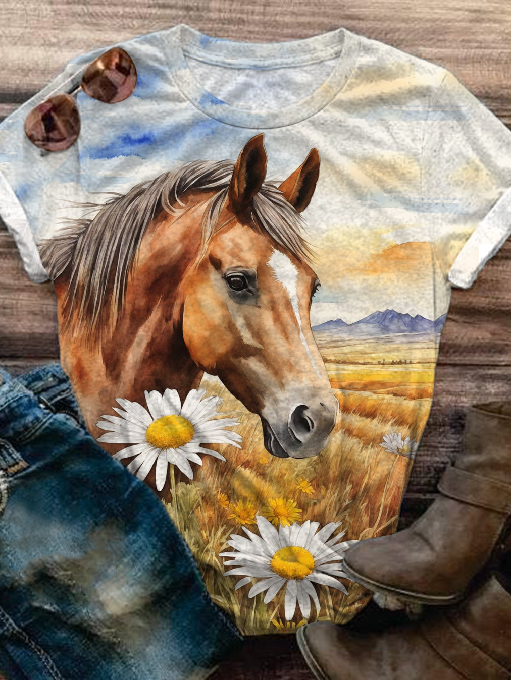 Horse Print Crew Neck T-shirt