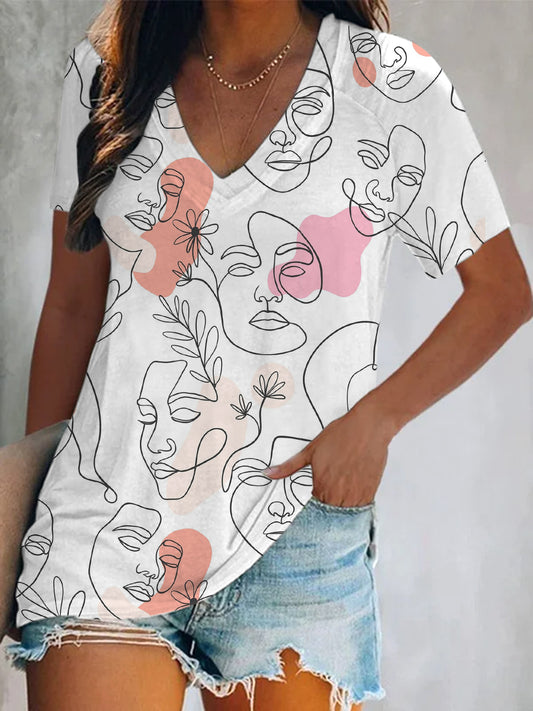 Abstract Facial Print Short Sleeve V Neck Print Top