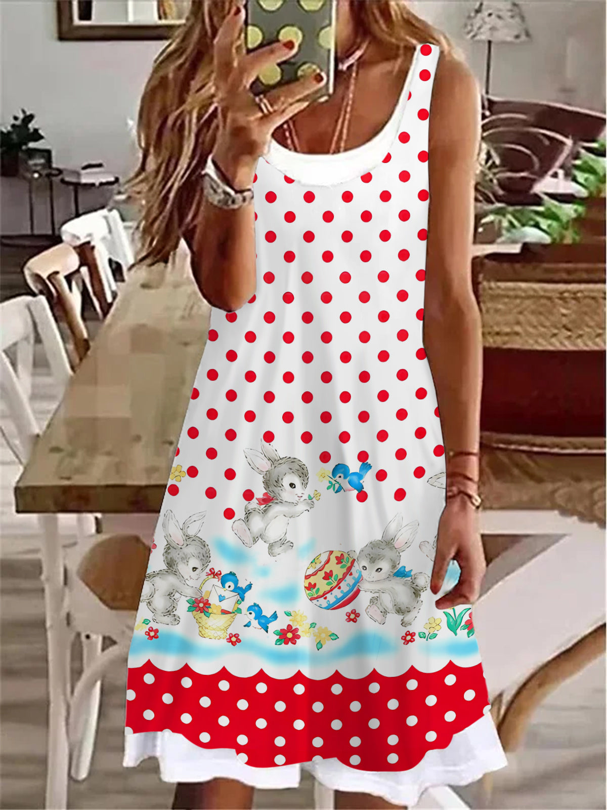 Ladies Polka Dot Easter Bunny Print False Two Dress