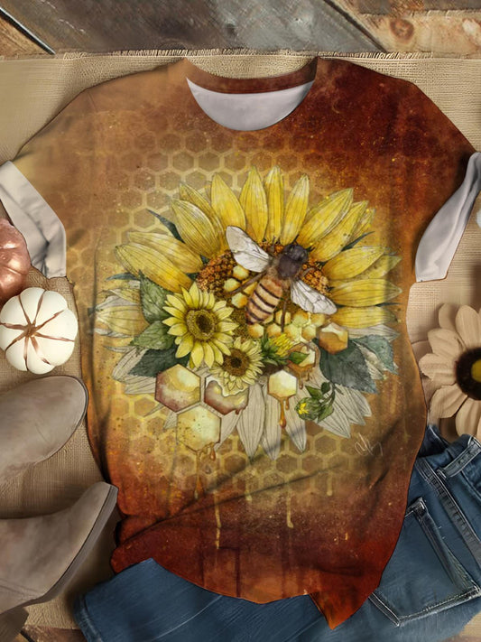 Sunflower Honeycomb Bees Crew Neck T-shirt