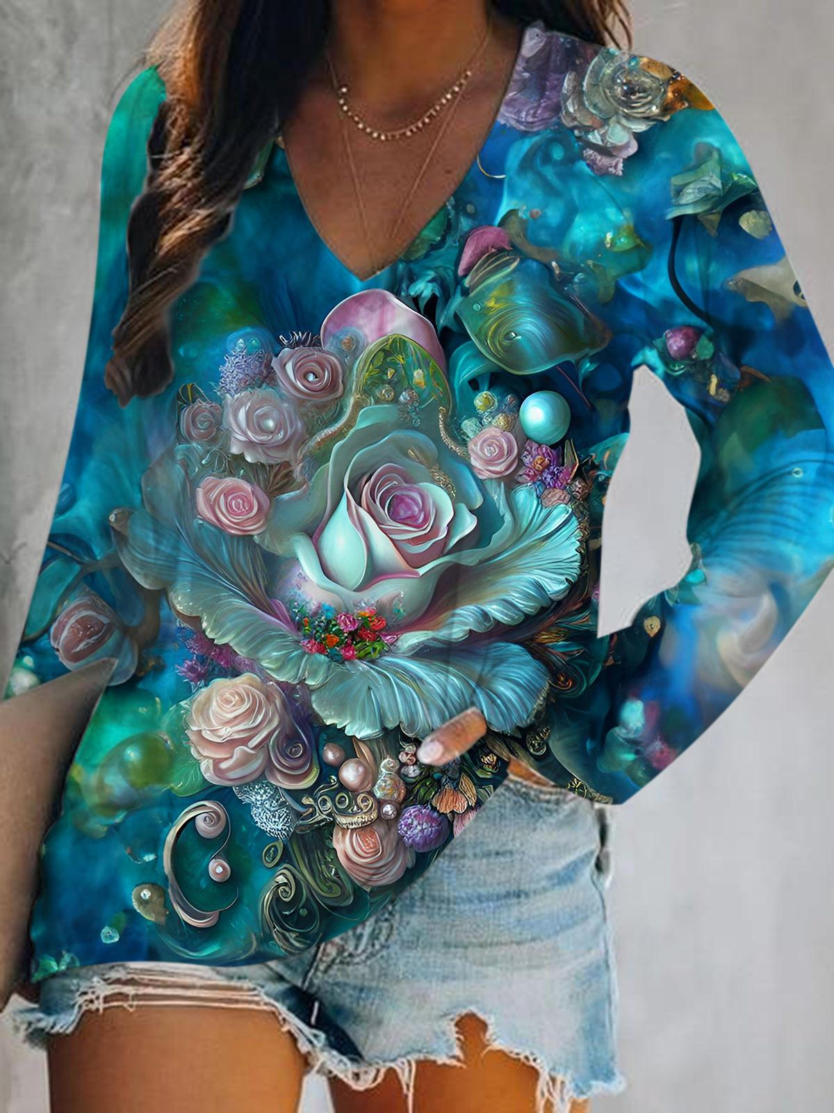 Pearl Flower Print V-Neck Long Sleeve Top