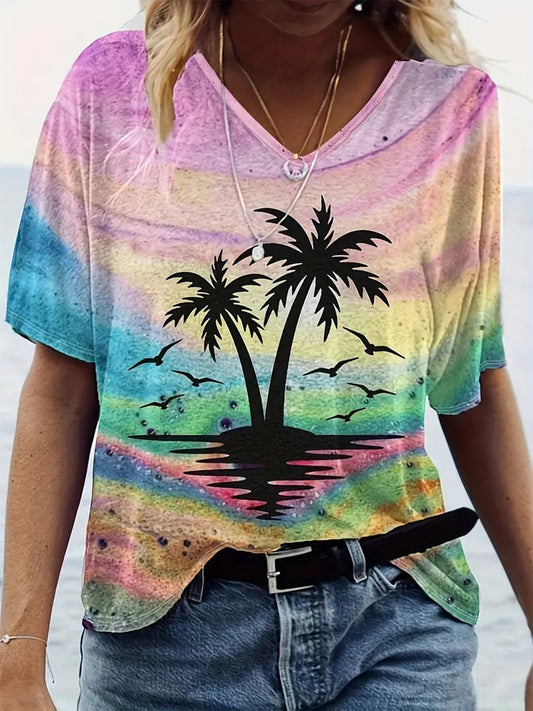 Holiday Coconut Palm Silhouette V-Neck Short Sleeve T-Shirt