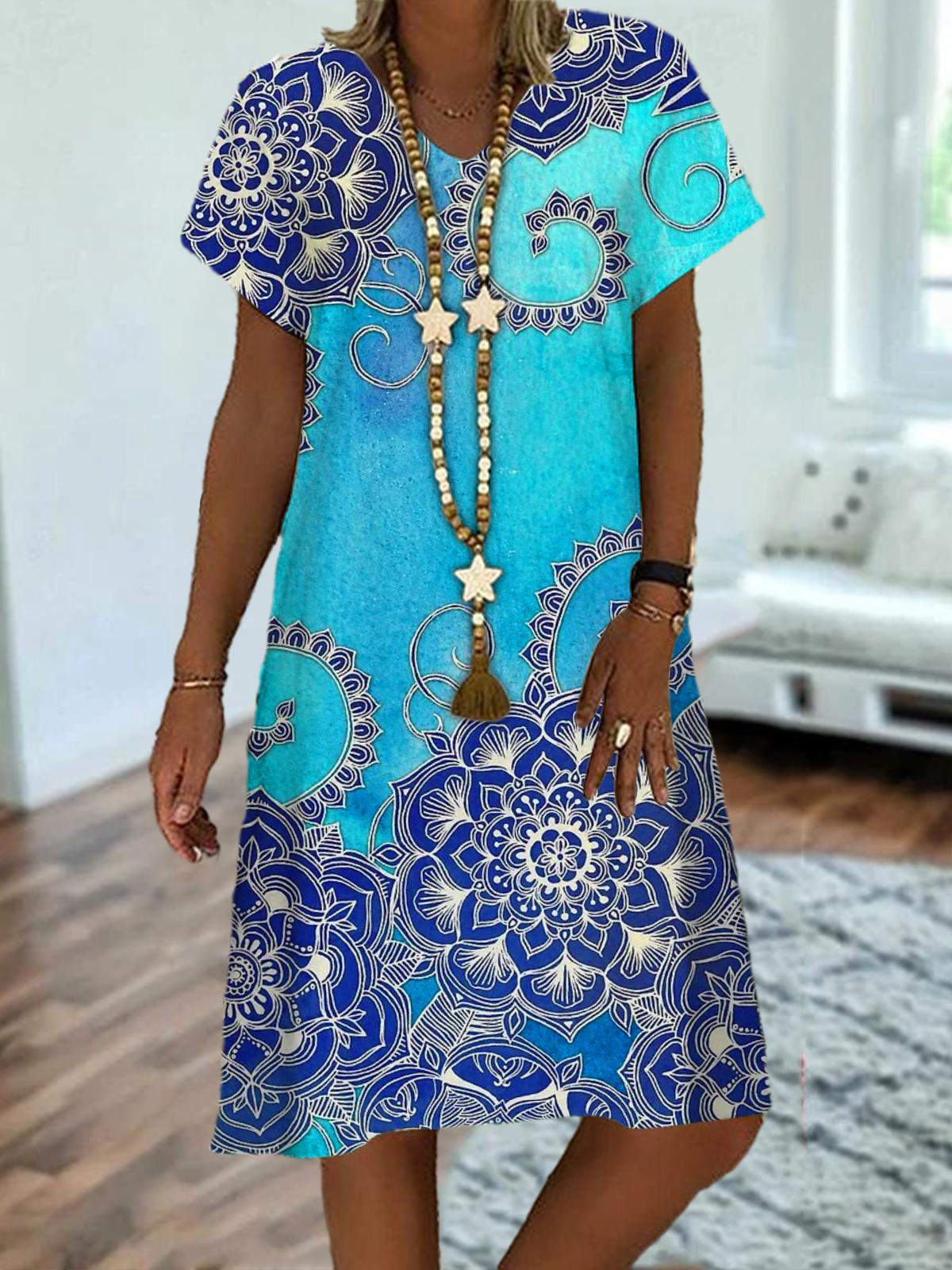 Ethnic Pattern V Neck Short Sleeve Dress