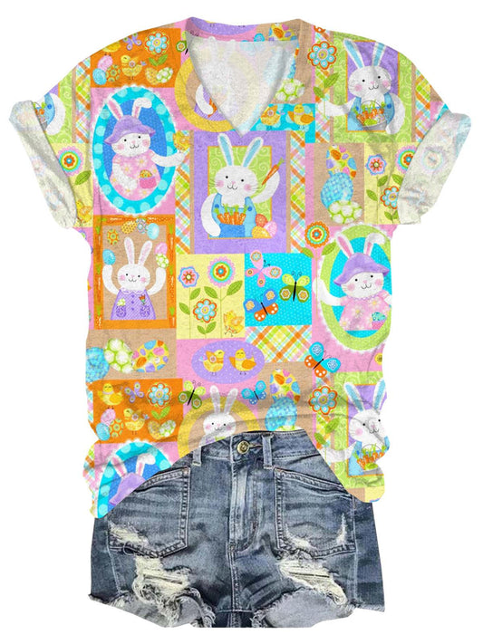 Easter Bunny Print V-Neck Short Sleeve T-Shirt